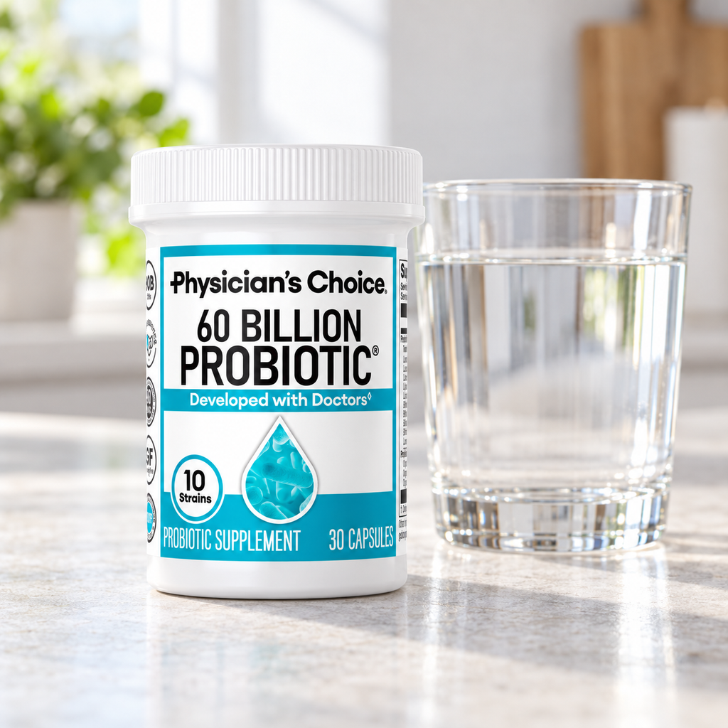 Physician’s Choice 60 Billion Probiotic bottle beside a glass of water on a kitchen counter