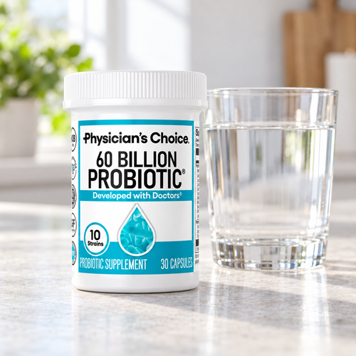 Physician’s Choice 60 Billion Probiotic bottle beside a glass of water on a kitchen counter