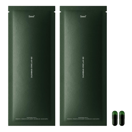 Seed DS-01 Daily Synbiotic 60-day refill shown as two 60-capsule pouches